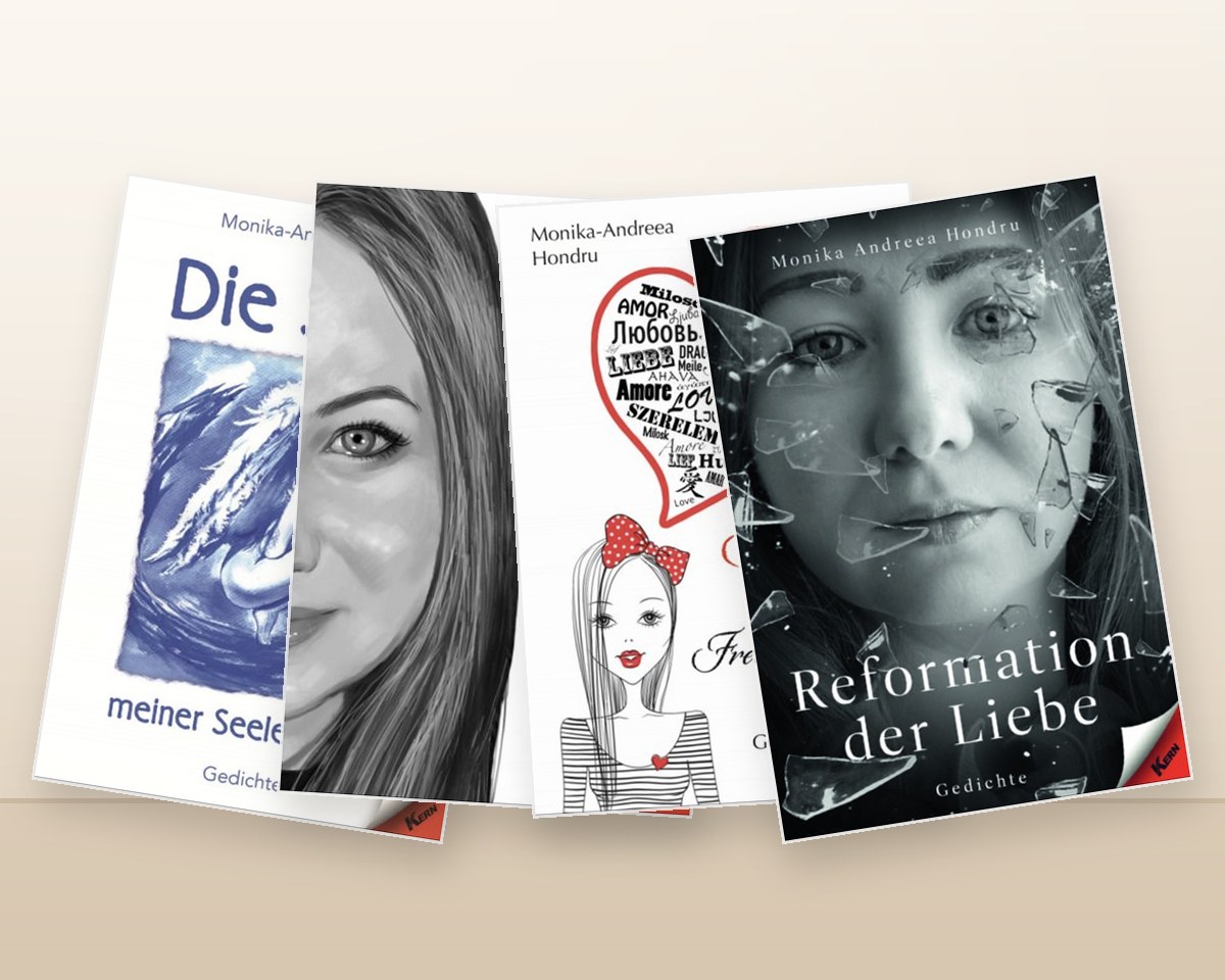 Die vier Gedichtbände von Monika-Andreea Hondru nebeneinander